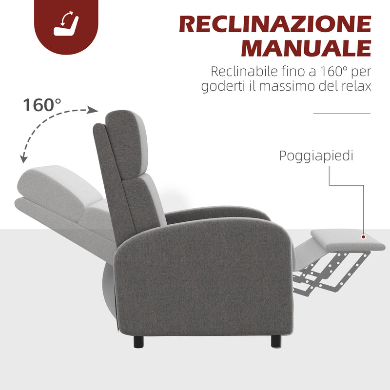 Poltrona Relax 64x86x102 cm Reclinabile Manuale in Tessuto Effetto Lino Grigia-5