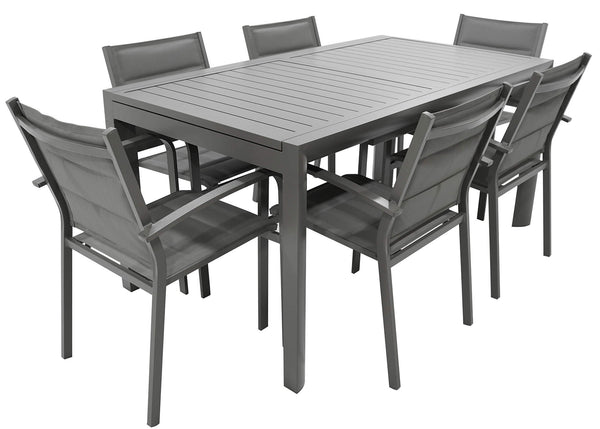 Set aus Tisch und 6 Gartenstühlen aus Aluminium und anthrazitfarbenem Textilene sconto