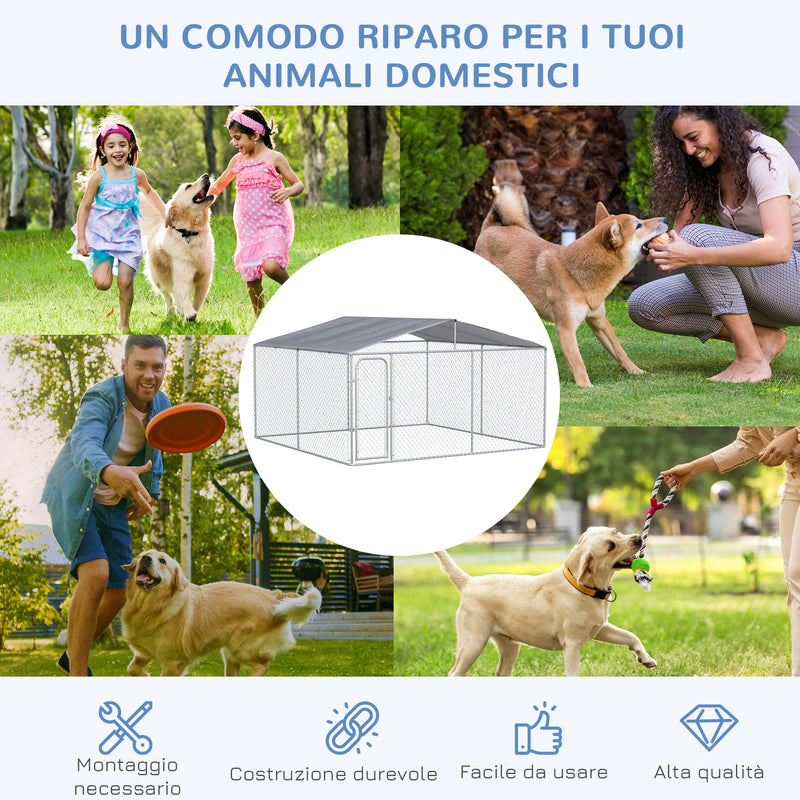 Gabbia Kennel per Cani da Esterno 400x230x232 cm in Metallo e Tetto in Tessuto Oxford Argento-7