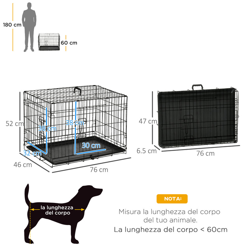 Gabbia Trasportino per Cani Gatti Pieghevole in Acciaio Doppia Apertura 76x53x57 cm Nero -3