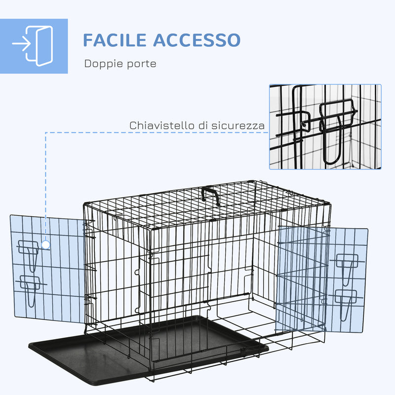 Gabbia Trasportino per Cani Gatti Pieghevole in Acciaio Doppia Apertura 76x53x57 cm Nero -4