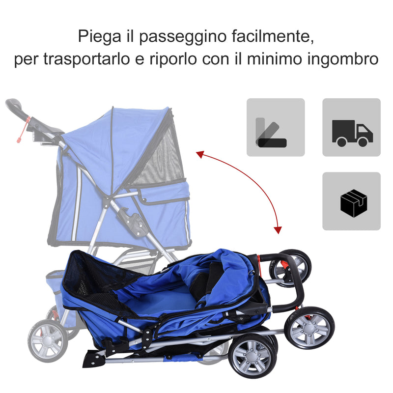 Passeggino per Cani Pieghevole 75x45x97 cm in Tessuto con Cestino e Portabicchieri Blu-4