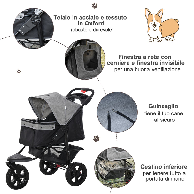 Passeggino per Cani Pieghevole 109,5x54,5x106,5 cm in Acciaio e Oxford Grigio e Nero-6