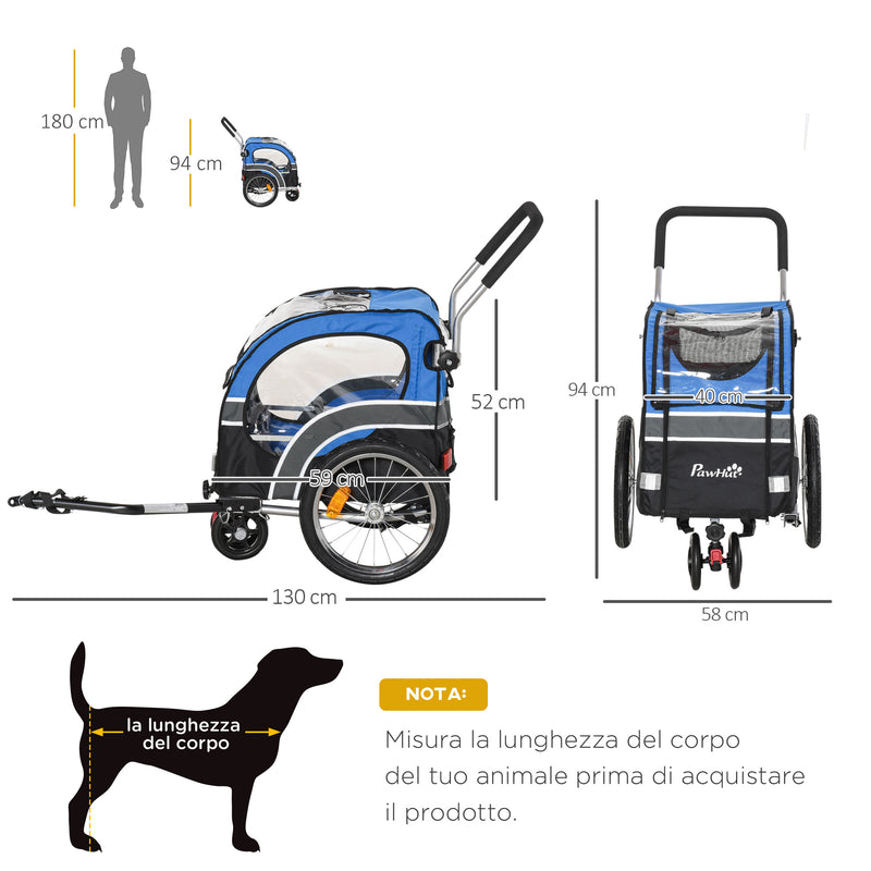 Carrellino Rimorchio per Cani da Bicicletta 130x58x94 cm in Metallo e Tessuto Oxford Blu-3