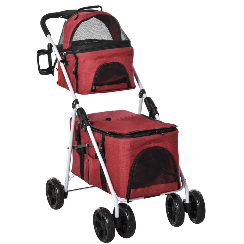 Passeggino Doppio per Cani e Gatti Pieghevole 82x48x100 cm in Metallo e Tessuto Oxford Rosso-1