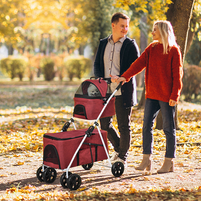 Passeggino Doppio per Cani e Gatti Pieghevole 82x48x100 cm in Metallo e Tessuto Oxford Rosso-2