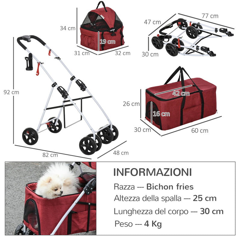 Passeggino Doppio per Cani e Gatti Pieghevole 82x48x100 cm in Metallo e Tessuto Oxford Rosso-3