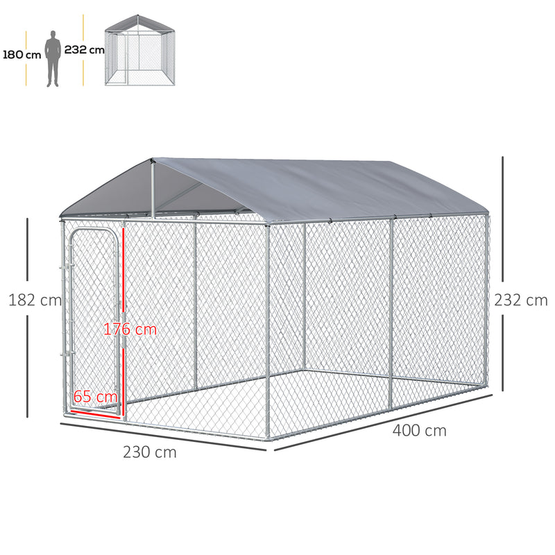 Recinto per Animali Domestici con Tetto 400x230x232 cm in Acciaio e Tessuto Oxfod Argento-3