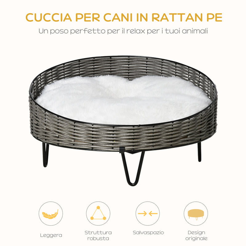 Cuccia per Cani e Gatti Rialzata Ø60x32 cm in Rattan Grigio Scuro-4