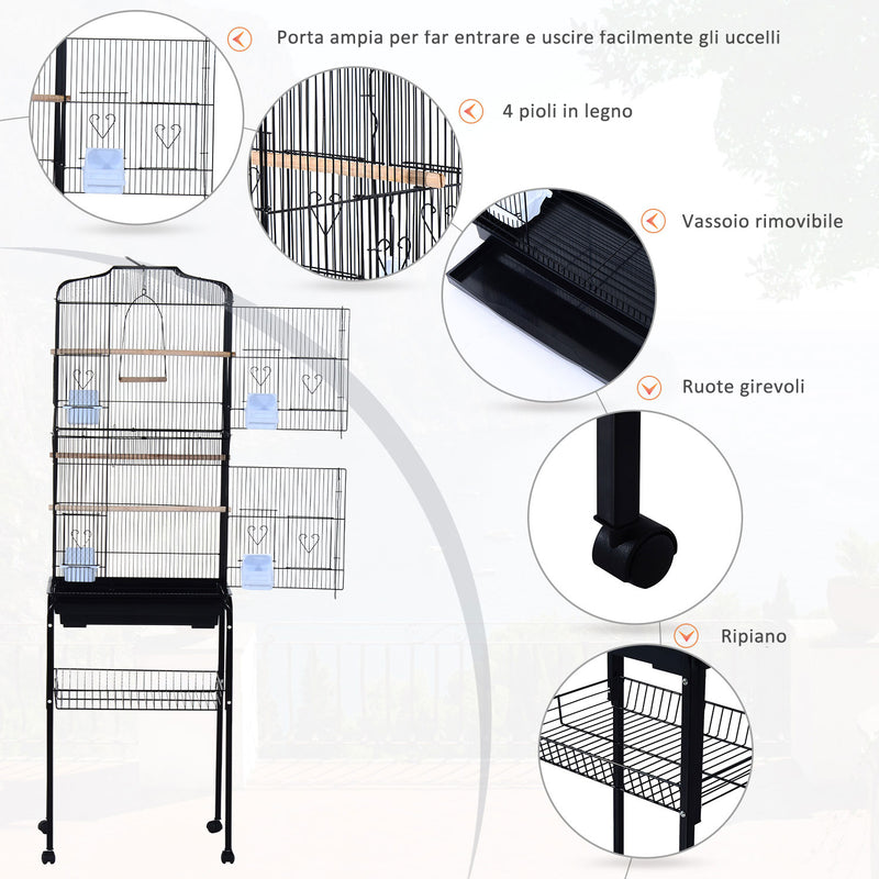 Voliera Gabbia per Uccelli con Ruote in Metallo Nero 47.5x37x153 cm -7