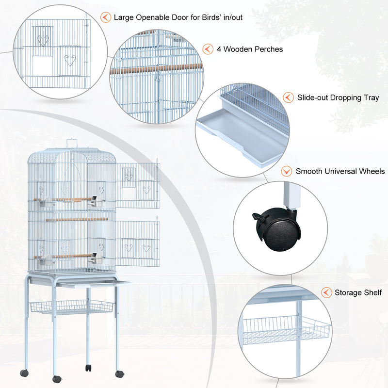 Voliera Gabbia per Uccelli 47,5x37x153 cm con Ruote in Metallo Bianco-5