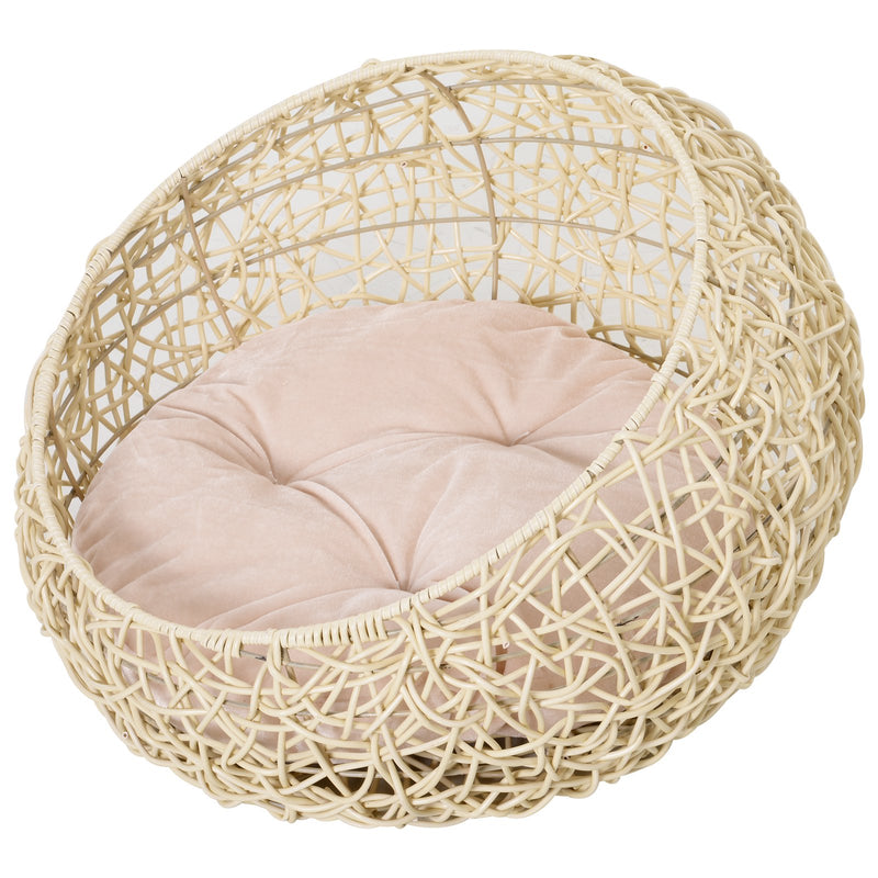 Cuccia in PVC Effetto Rattan per Gatti Ø56x35 cm con Cuscino  Beige-1