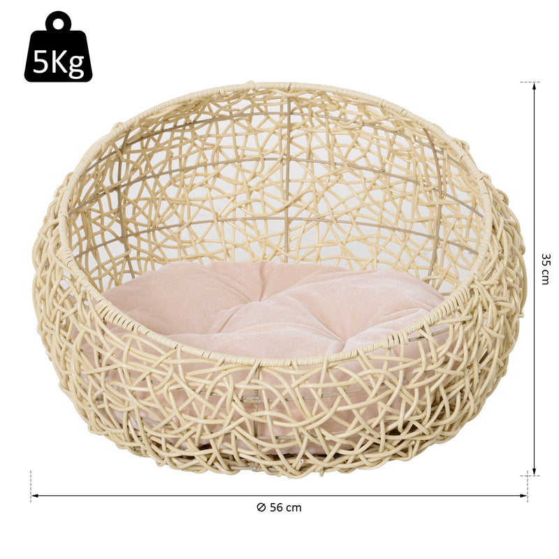 Cuccia in PVC Effetto Rattan per Gatti Ø56x35 cm con Cuscino  Beige-3