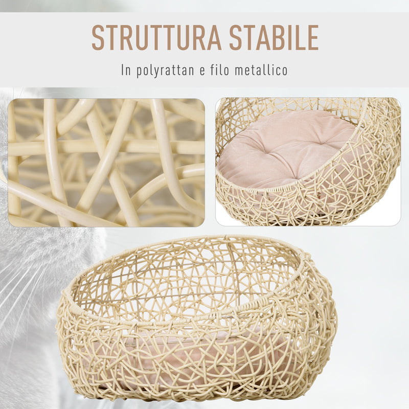 Cuccia in PVC Effetto Rattan per Gatti Ø56x35 cm con Cuscino  Beige-4