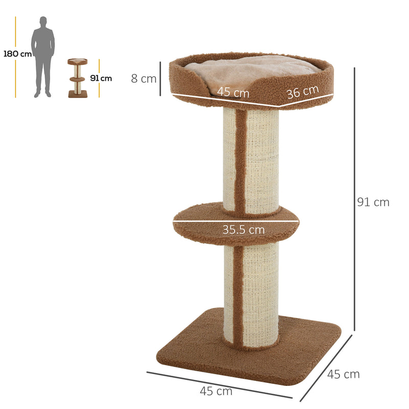 Albero Tiragraffi per Gatti 45x45x91 cm in Corda Sisal Rivestimento Peluche e Pali Marrone-3