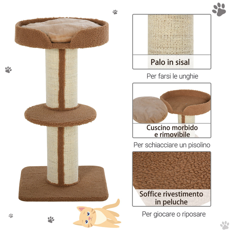 Albero Tiragraffi per Gatti 45x45x91 cm in Corda Sisal Rivestimento Peluche e Pali Marrone-5