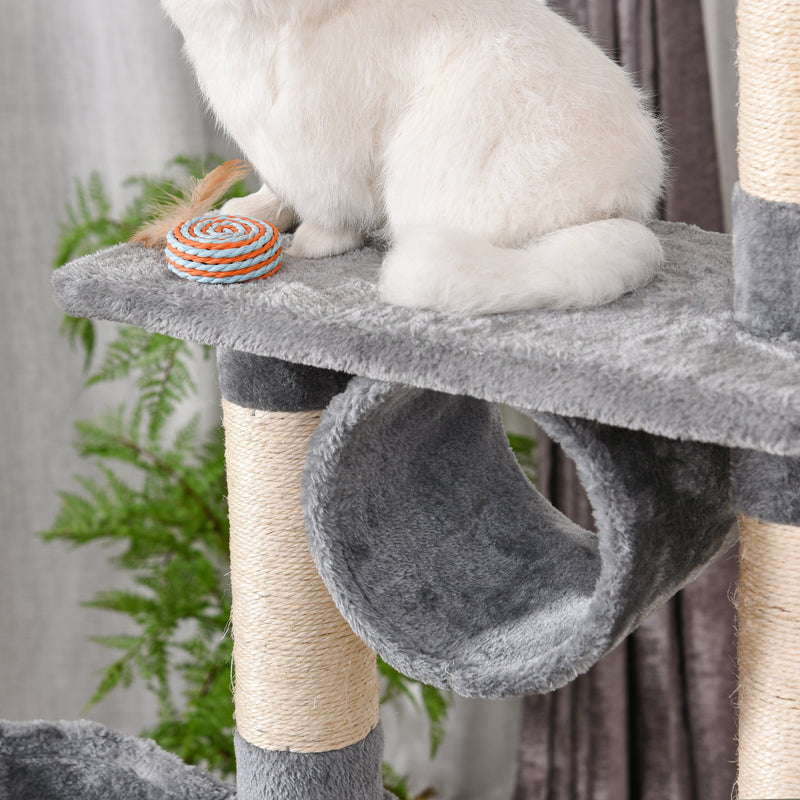 Tiragraffi con Cuccia e Cestino sospeso per Gatti 60x40x154 cm in Peluche Sisal  Grigio-10