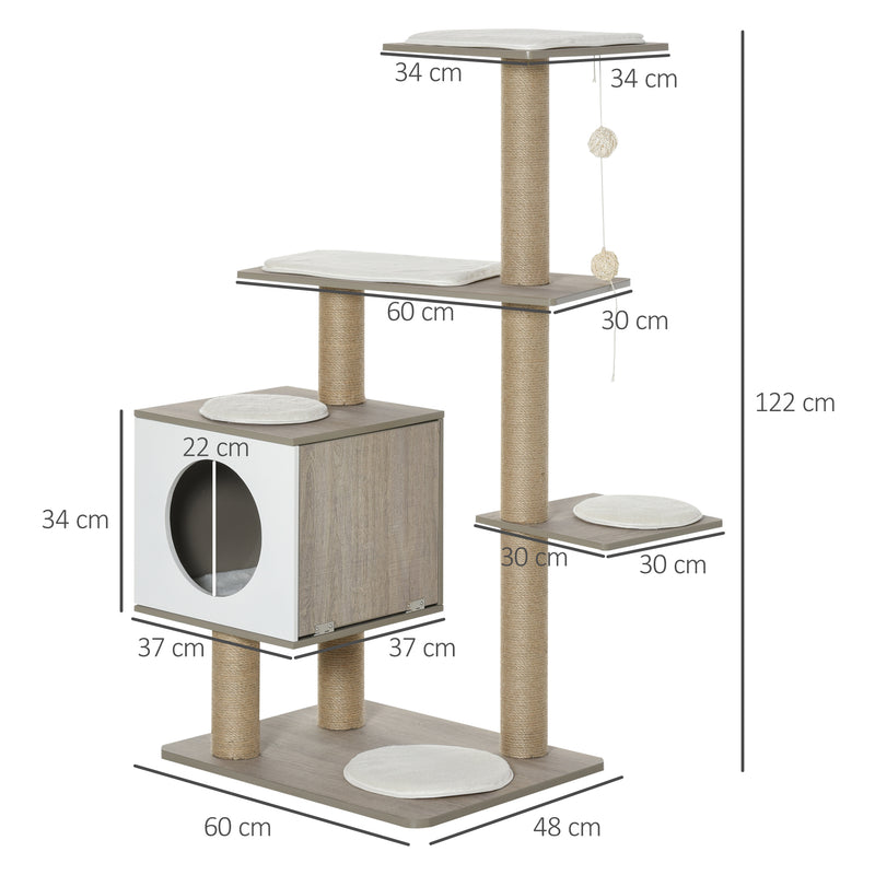 Albero Tiragraffi per Gatti 60x48x122 cm in MDF e Corda di Juta Grigio Chiaro-3