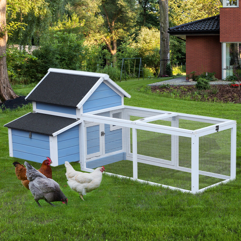 Pollaio per Galline con Corsa Vassoio di Nidificazione Rimovibile in Legno Bianco e Blu 180x90.1x78.6 cm -2