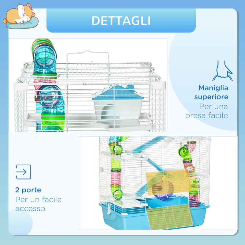 Gabbia per Criceti 5 Livelli 59x36x69 cm con Giochi in Acciaio Azzurro e Bianco-7