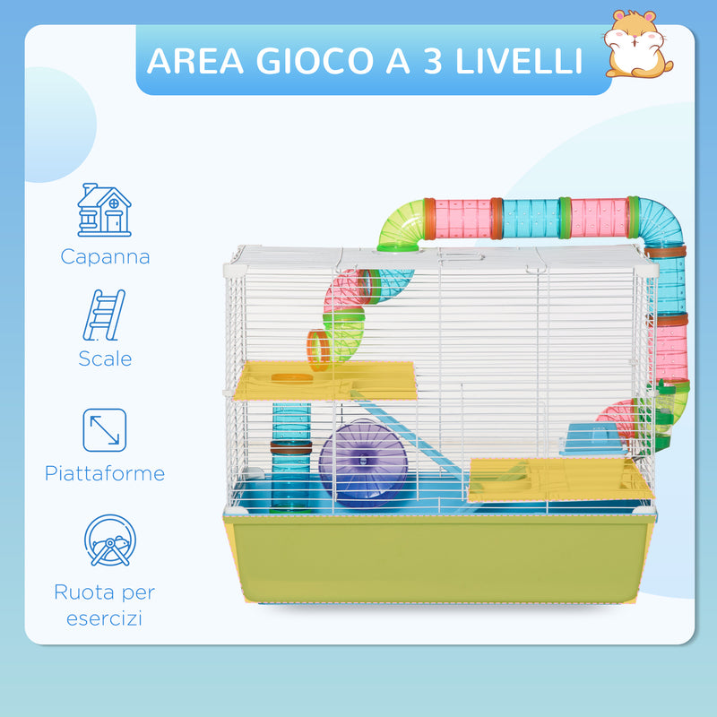 Gabbia per Criceti 3 Livelli 59x36x47 cm con Giochi in Acciaio Azzurro e Bianco-4