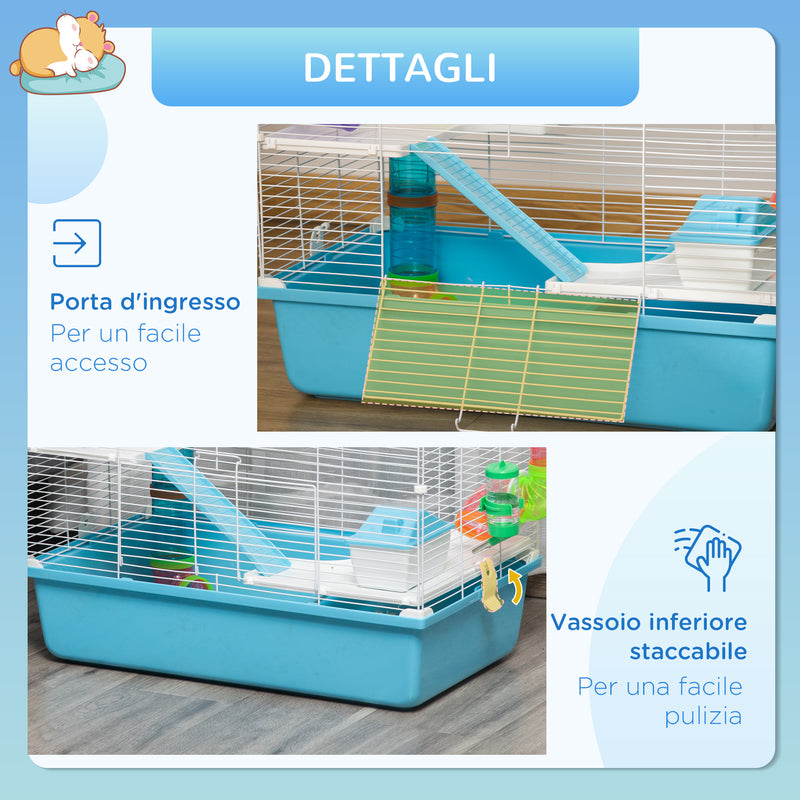 Gabbia per Criceti 3 Livelli 59x36x47 cm con Giochi in Acciaio Azzurro e Bianco-7