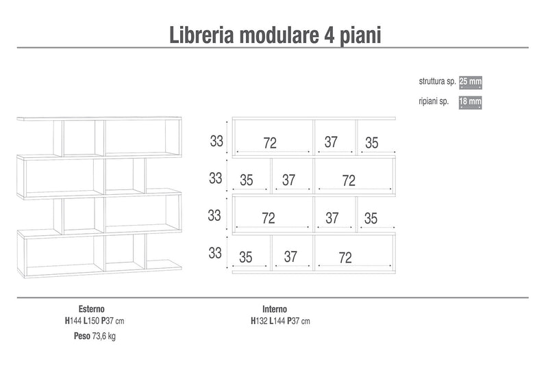 Libreria Modulare 4 Ripiani 150x144x38 cm Cemento-2