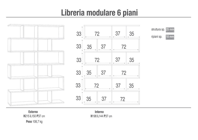 Libreria Modulare 6 Ripiani 150x215x38 cm Cemento/Ossido Bianco-2