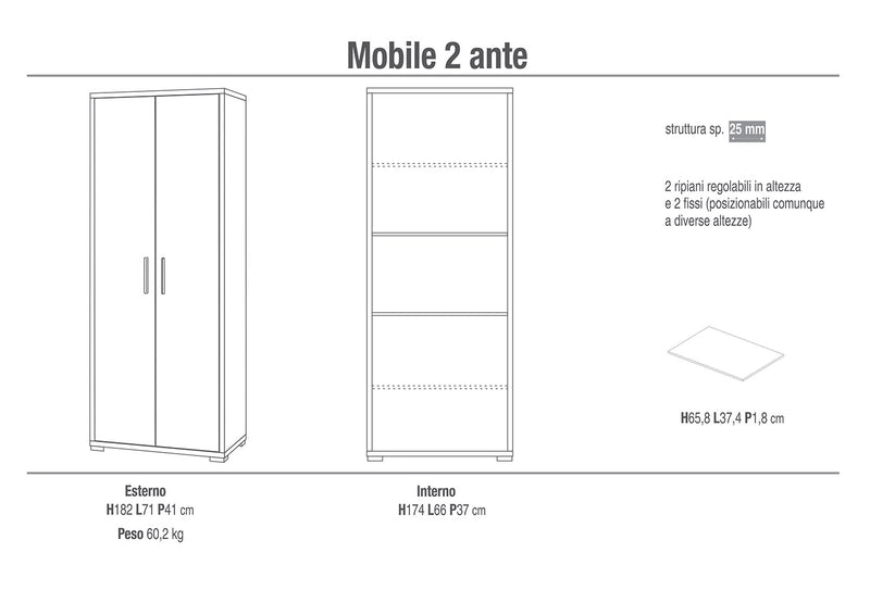 Armadio 2 Ante 71x182x41 cm Noce Stelvio/Ossido Nero-2