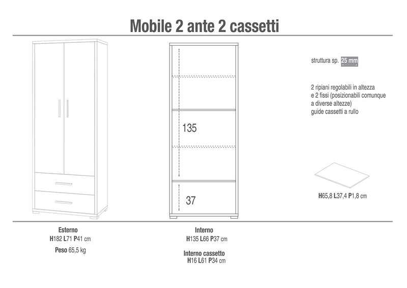 Armadio 2 Ante 2 Cassetti 71x182x41 cm Ossido Bianco/Ossido Nero-2