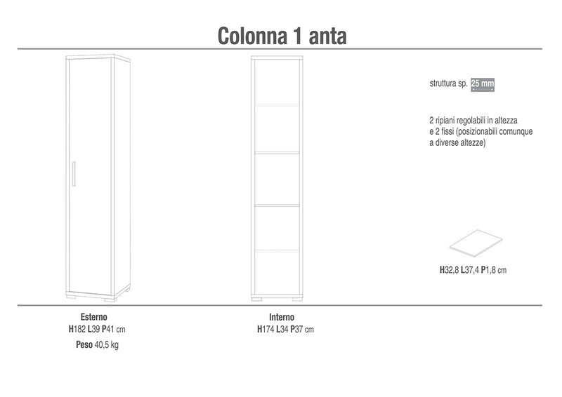 Armadio 1 Anta 39x182x41 cm Noce Stelvio/Ossido Bianco-2