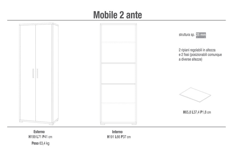 Armadio 2 Ante 71x199x41 cm Ossido Bianco/Ossido Nero-2