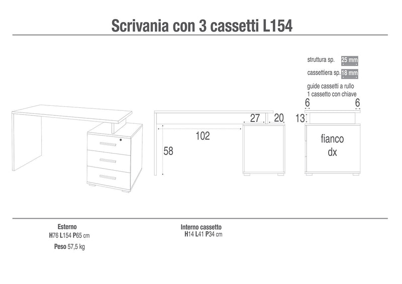 Scrivania da Ufficio 3 Cassetti 154x76x55 cm Noce Stelvio/Noce-3