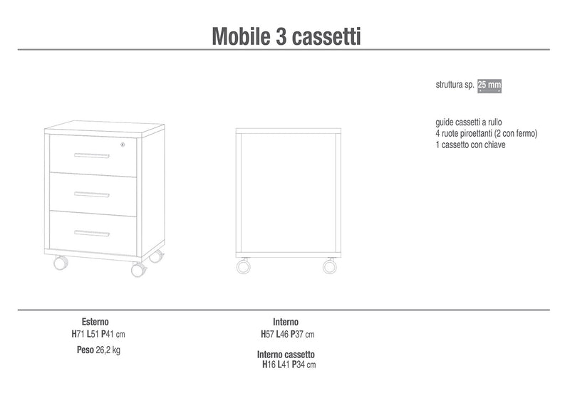 Cassettiera 3 Cassetti con Ruote 51x71x41 cm Ossido Bianco/Noce Stelvio-2