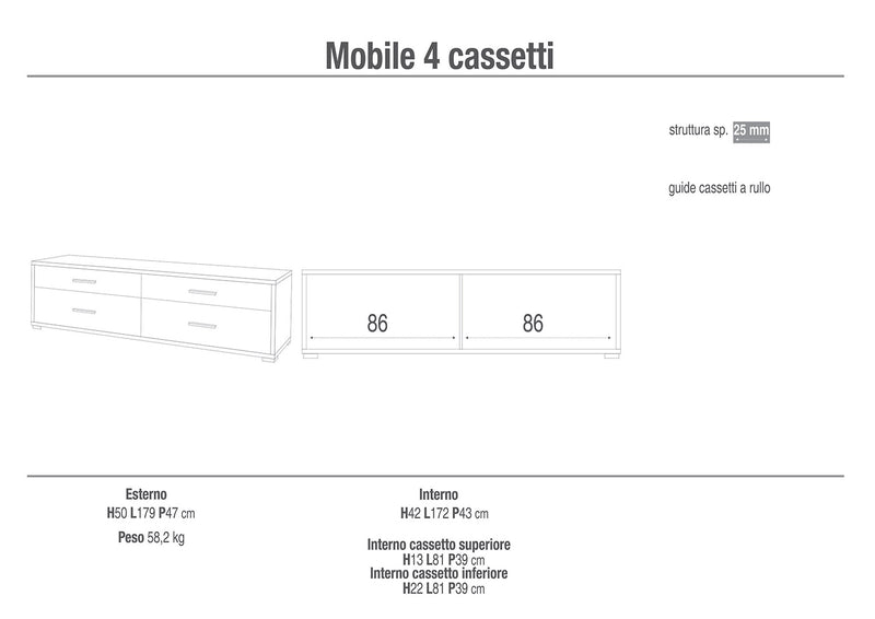 Mobile Basso 4 Cassetti 179x50x47 cm Noce Stelvio-2