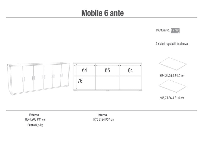 Mobile Basso 6 Ante 203x84x41 cm Cemento/Ossido Bianco-2