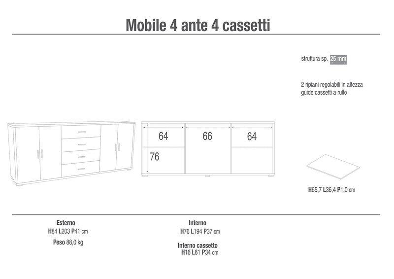 Mobile Basso 4 Ante 4 Cassetti 203x84x41 cm Noce Stelvio-2