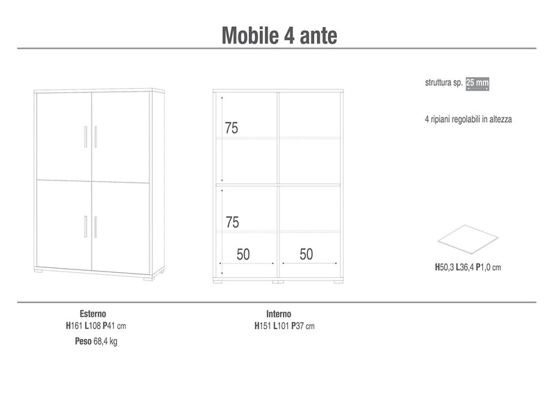 Mobile Multiuso 4 Ante 108x161x41 cm Ossido Bianco/Ossido Nero-2