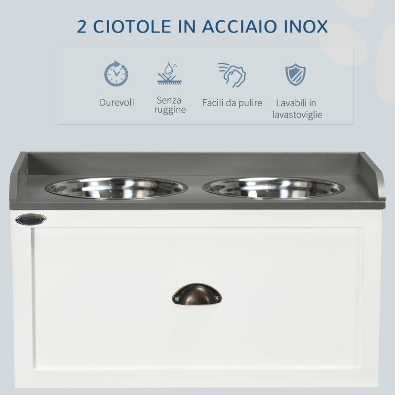 Ciotole per Cani Rialzate 60x30x36 cm con Cassetto in Acciaio Inox e Legno Bianco e Grigio-6