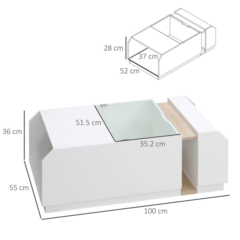 Tavolino da Salotto con Ripiani e Scomparti Nascosti 100x55x36 cm in Legno e Vetro Bianco-3