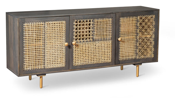 sconto Sideboard 3 Türen 160x38x75 cm aus dunkelgrauem Mangoholz und Rattan