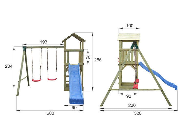 Torre con Altalenta 2 Posti e Scivolo 320x280x265 cm in Legno-4