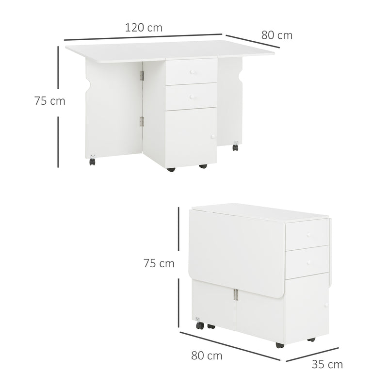 Tavolo da Cucina a Ribalta con 2 Cassetti e Armadietto ad Ante 120x80x75 cm in Truciolato Bianco-3