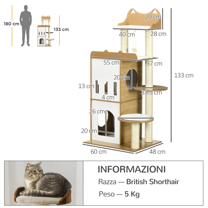 Albero per Gatti con Tiragraffi 60x48x133 cm 2 Casette Posatoi e Pallina Gioco in MDF Peluche e Sisal Rovere e bianco-3