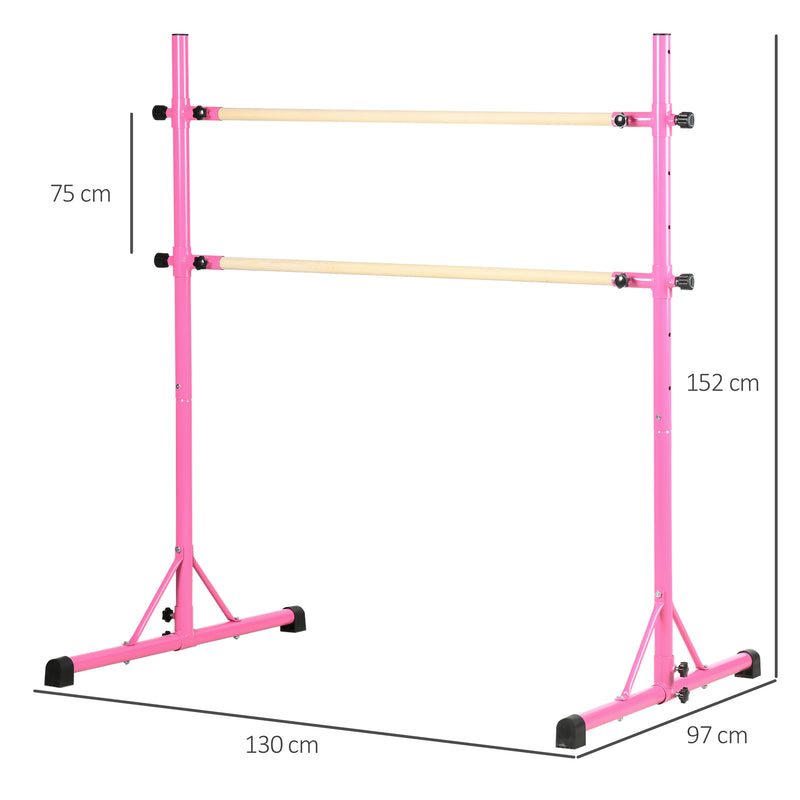 Sbarra Danza Classica Doppia 130x97x152 cm Altezza Regolabile in Acciaio e Legno Rosa-3