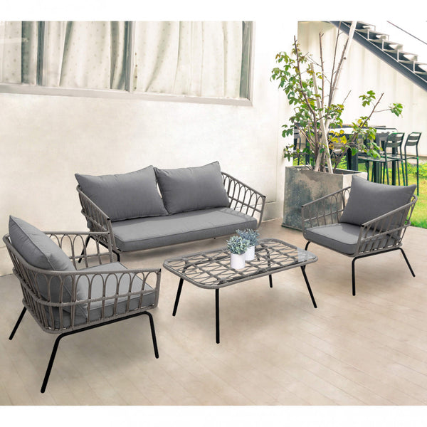 Garden Lounge Set Sofa 2 Sessel und Couchtisch mit Kissen aus grauem Stahl online