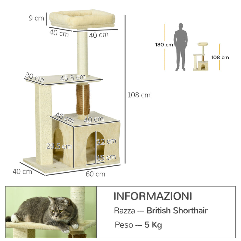 Albero Tiragraffi 60x40x108 cm con Paletto e Posatoio Beige-3