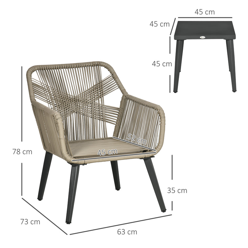 Set Tavolino e 2 Sedie da Giardino in Rattan PE e Acciaio Grigio-3