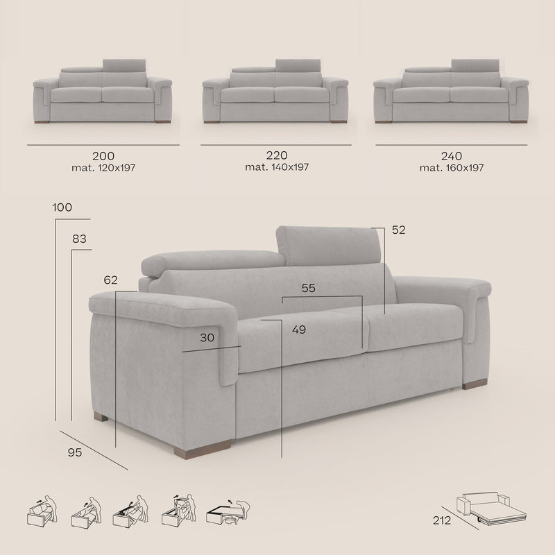 Divano Letto 3 Posti 220x100x95 cm Giunone in Tessuto Azzurro-8