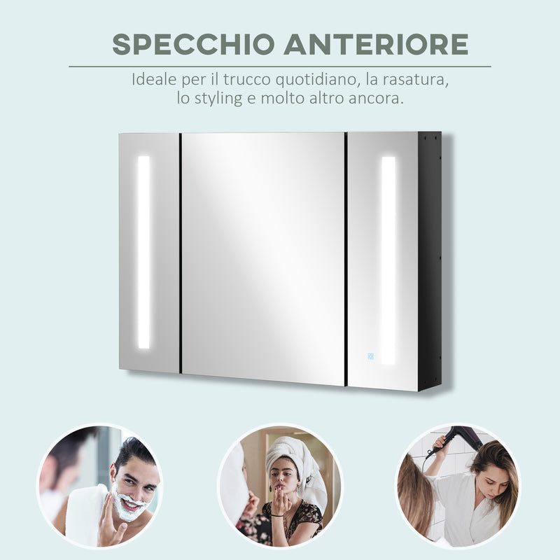 Armadietto a Specchio per Bagno 3 Ante 90x15x65 cm con Luce LED Nero-7